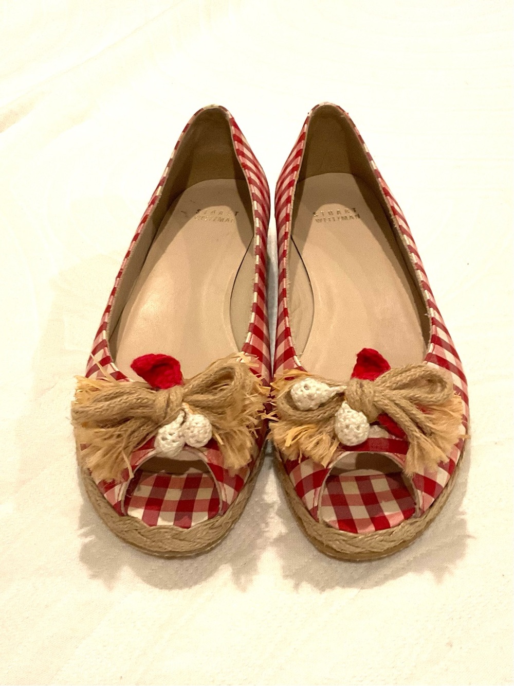 Stuart Weitzman Red and Cream Gingham Espadrille Flats 9M - Picture 4 of 8